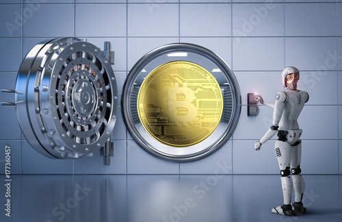 robot working with bitcoin and bank vault