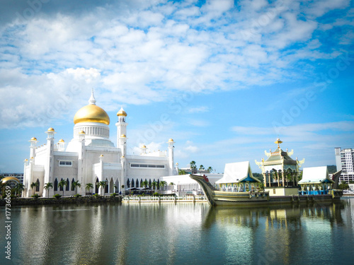 Brunei mosque with ship in Brunei Darussalam photo