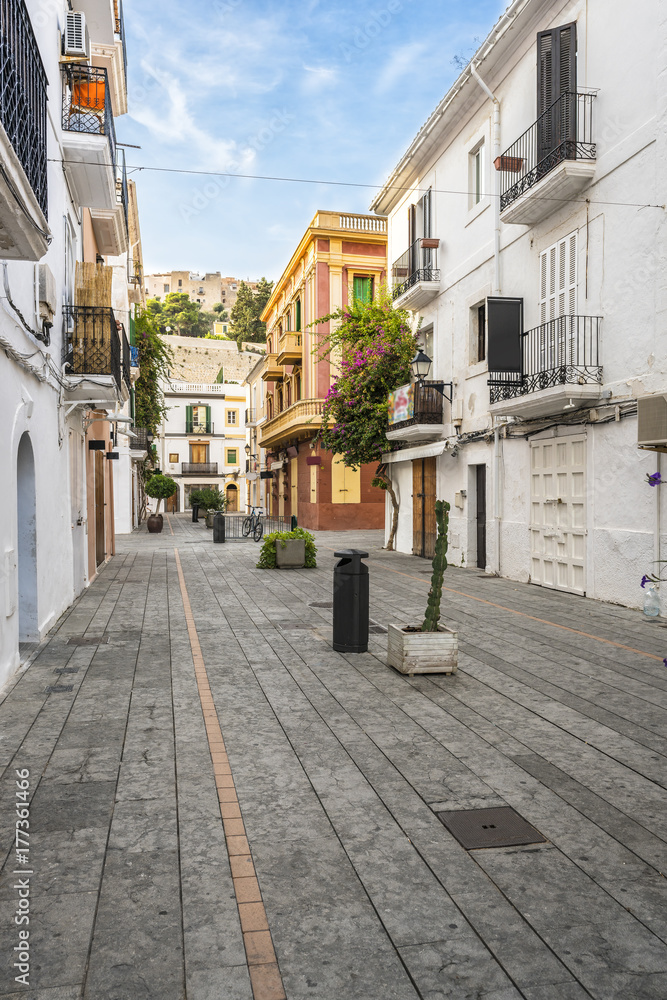 Typical street in old town of Ibiza, Balearic Islands, Spain. Morning light. Wide angle