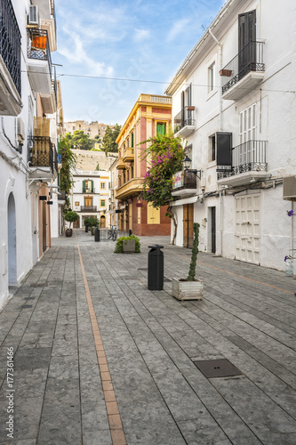 Typical street in old town of Ibiza, Balearic Islands, Spain. Morning light. Wide angle © marchello74