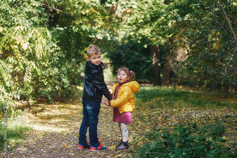 Brother and sister walking in an autumn Park Brother and sister walking in an autumn Park