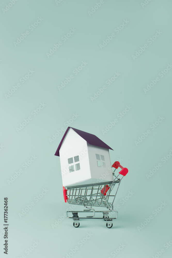 Model house in a cart against green background Model house in a cart against green background