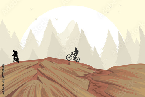 Mountain bike on hill vector nature landscape background
