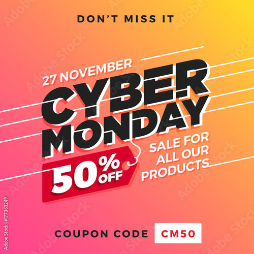 Cyber Monday Super Sale. Up to 50% off Big Sale Sidebar Banner, Poster, Sticker, Badge Advertising Promotion with Price Tag Label Element & Voucher Coupon Gift Code. Fresh Gradient Background Color photo