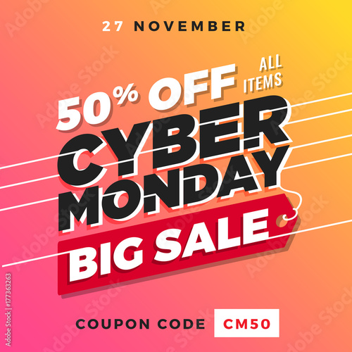 Cyber Monday Super Sale. Up to 50% off Big Sale Sidebar Banner, Poster, Sticker, Badge Advertising Promotion with Price Tag Label Element & Voucher Coupon Gift Code. Fresh Gradient Background Color