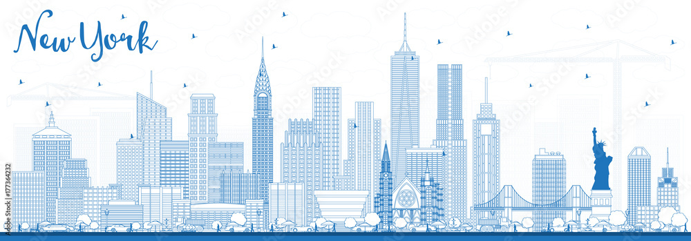 Outline New York USA Skyline with Blue Buildings.