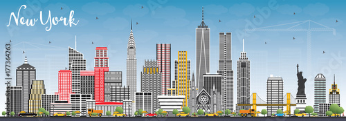New York USA Skyline with Gray Skyscrapers and Blue Sky.