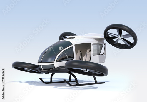 White self-driving passenger drone landing on the ground, left cabin door opened. 3D rendering image.