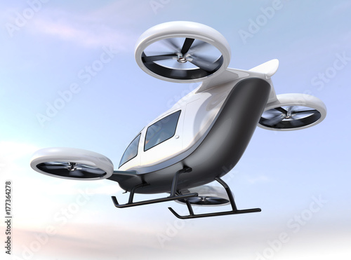 White self-driving passenger drone flying in the sky. 3D rendering image.
