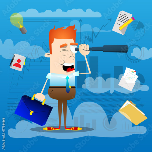 Businessman looking for investment opportunity through a telescope, standing on a cloud. Vector illustration of cartoon business concept.
