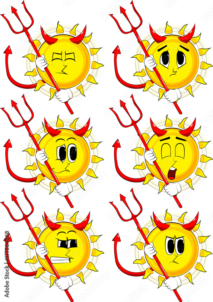 Cartoon devil sun with pitchfork. Collection with sad faces. Expressions vector set. Cartoon devil sun with pitchfork. Collection with sad faces. Expressions vector set.