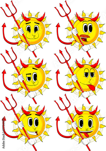 Cartoon devil sun with pitchfork. Collection with happy faces. Expressions vector set.