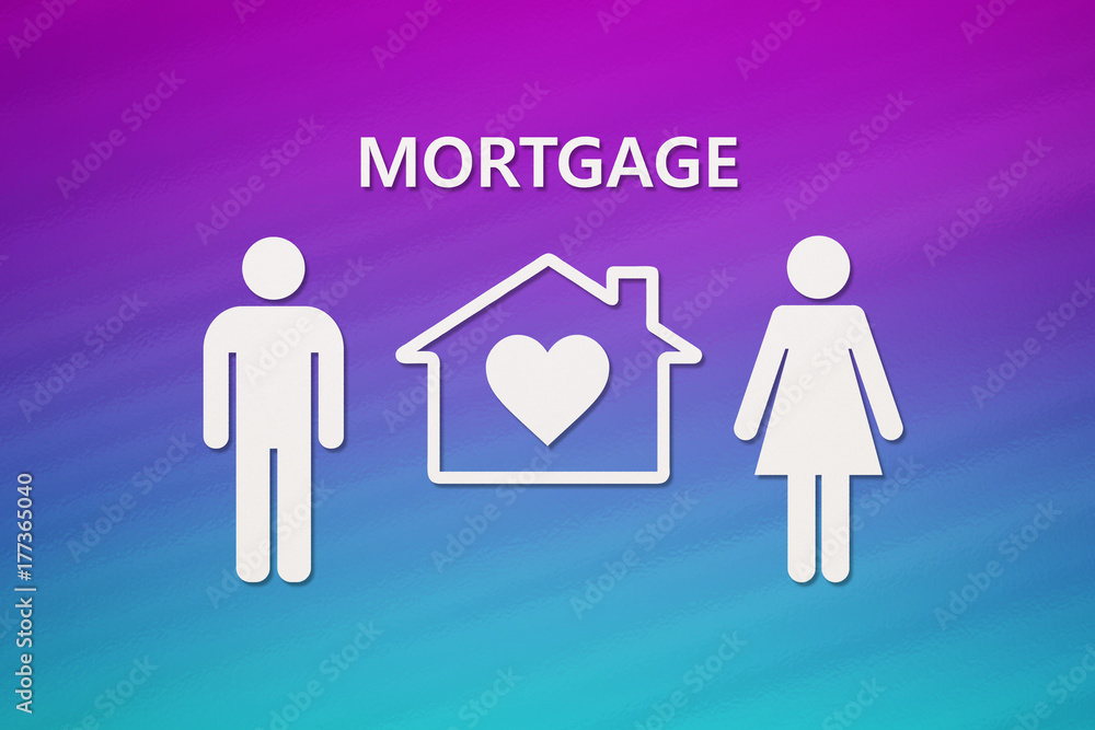 Paper house and family with mortgage text. Conceptual image Paper house and family with mortgage text. Conceptual image