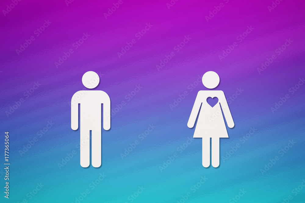 Paper man and woman with heart. Love, relation concept Paper man and woman with heart. Love, relation concept