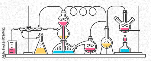 Composition of chemical flasks, hoses and a manometer in a chemical laboratory. Vector color illustration in a line style. Possible reconfiguration.