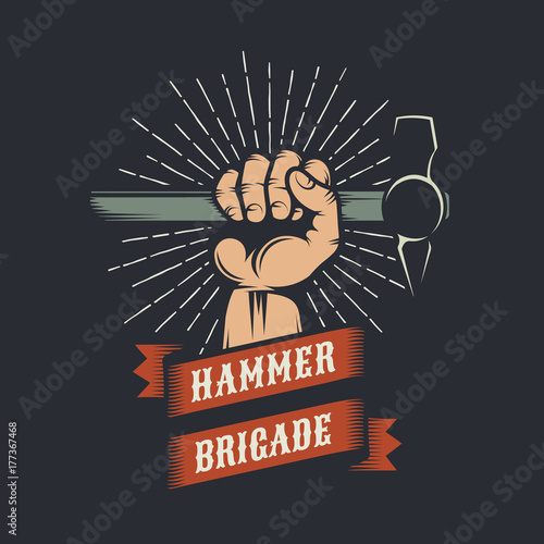 A hand with a hammer wrapped in ribbon. Colorful retro logo on a dark background.