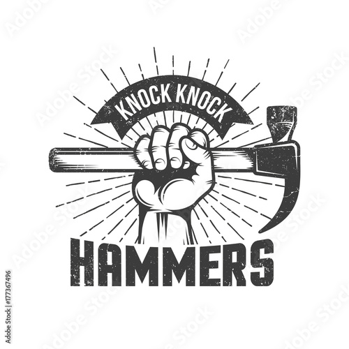 Hand with hammer and knock knock words on white.  Worn out texture on separate layer. Retro vector illustration.