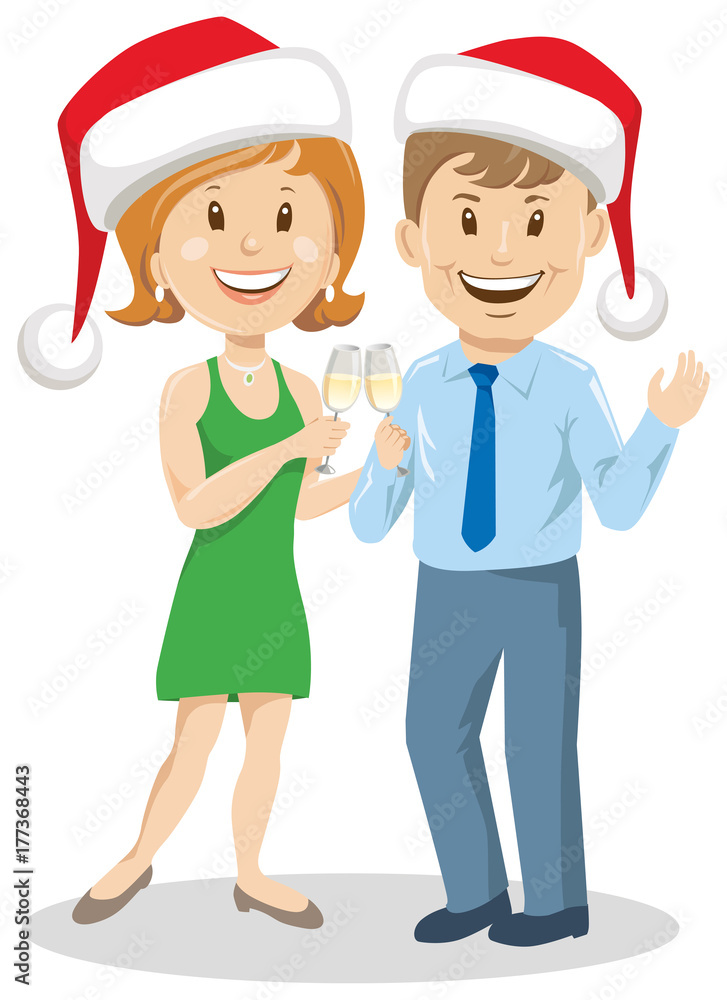 couple woman and man with christmas hat and wine couple woman and man with christmas hat and wine