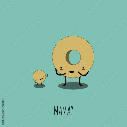 Funny concept of a mother donut and her kid. Vector illustration. Modern design.