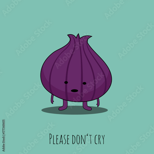 Concept of a sad and funny onion trying not to cry. Vector illustration. Modern design.