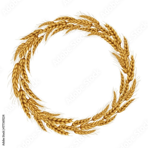 Vector illustration of a wreath made of wheat spikelets isolated on a white background with space for text.. Template, seal, design element.