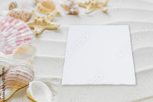 Clams, starfishes and paper card on thesea sand