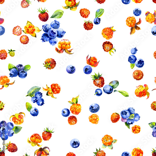 Fototapeta Naklejka Na Ścianę i Meble -  Red, field, summer, tasty strawberries. Blue, black, fresh, forest, swamp blueberry. Orange, useful, autumn cloudberries. Harvest of berries. Watercolor. Illustration