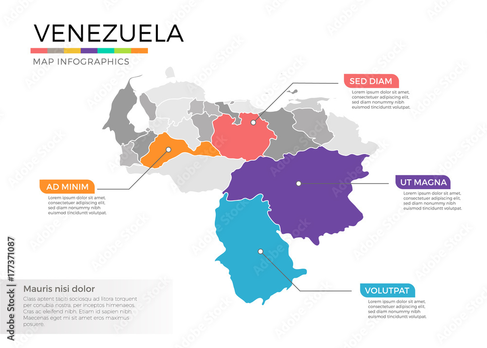 Naklejka premium Venezuela map infographics vector template with regions and pointer marks