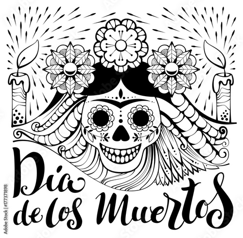 Mexican zentangle Dia de los Muertos text. Day of the Dead