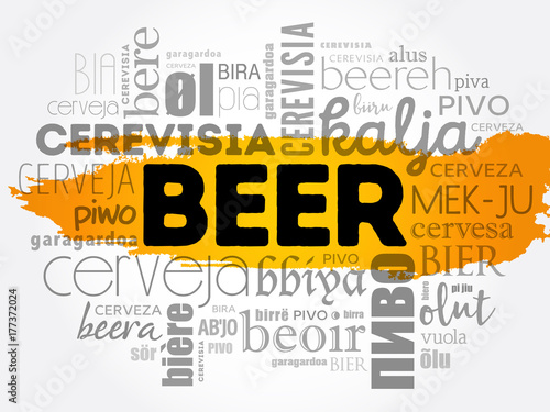 BEER in different languages of the world (english, french, german, etc) Word Cloud collage, multilingual background