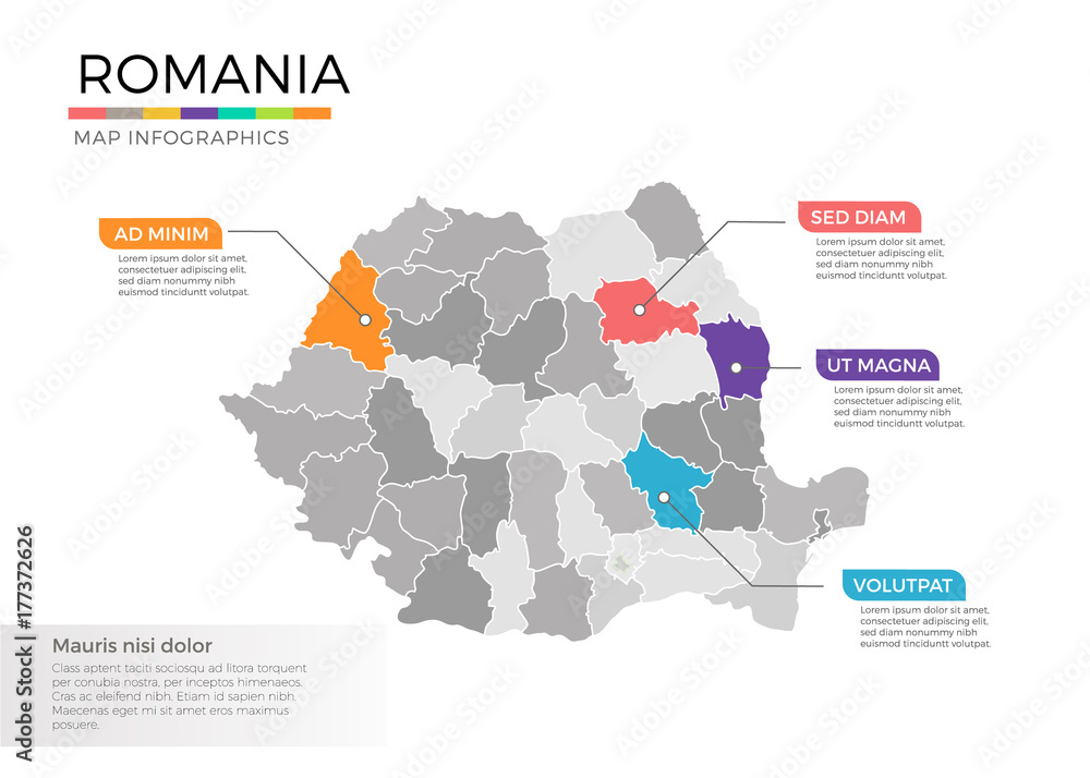 Romania map infographics vector template with regions and pointer marks