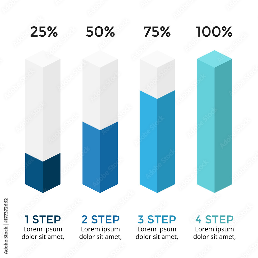 Vector arrows infographic, diagram chart, 3D column graph presentation. Business concept with options, parts, steps, processes. Growth percents 25, 50, 75, 100. Loading status. Vector arrows infographic, diagram chart, 3D column graph presentation. Business concept with options, parts, steps, processes. Growth percents 25, 50, 75, 100. Loading status.
