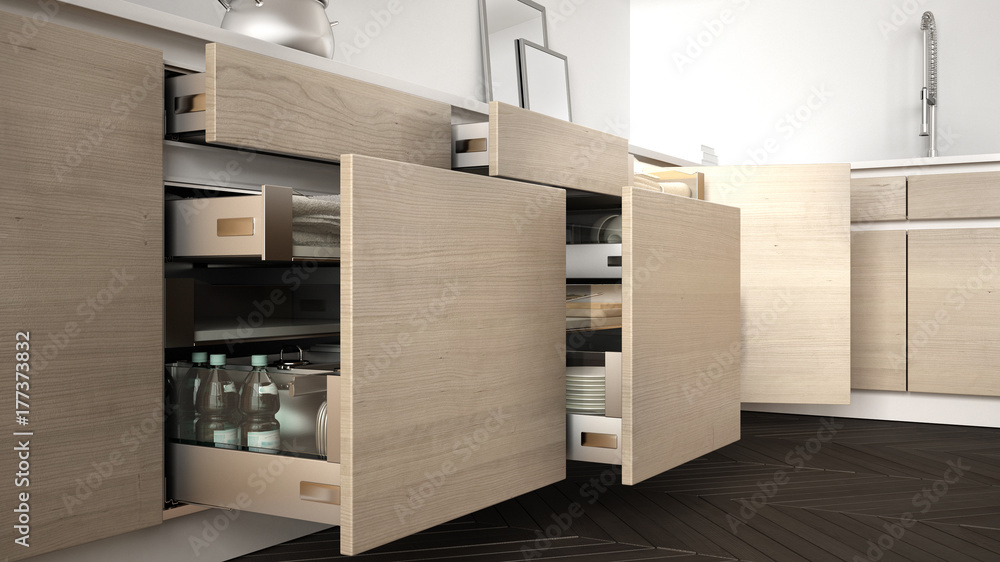 Modern kitchen, opened wooden drawers with accessories inside, solution for kitchen storage, minimalist interior design Modern kitchen, opened wooden drawers with accessories inside, solution for kitchen storage, minimalist interior design