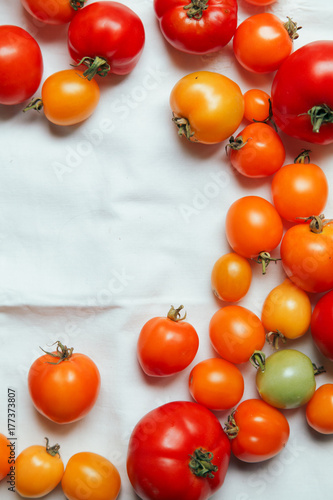 Fresh organic tomatoes of different colors on white textile background. Harvest concept. Framed composition for placing text at centre. Overhead view, natural lighting, copy space.