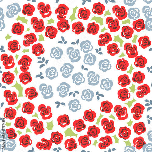 Fototapeta Naklejka Na Ścianę i Meble -  Floral seamless pattern background with roses and leaves. Trendy freehand drawing illustration