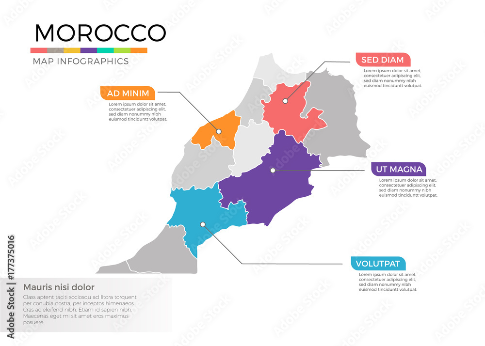Morocco map infographics vector template with regions and pointer marks