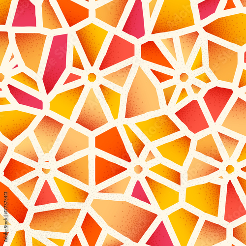 Abstract background with vibrant colors and retro styled vintage dotwork gradients on voronoi grid tiles