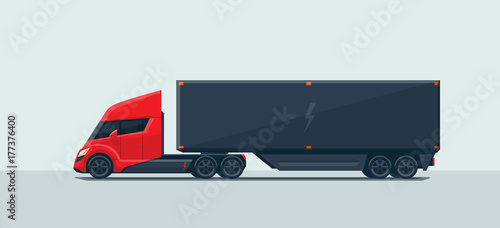 Flat vector illustration of an abstract futuristic red electric semi trailer truck with trailer in modern design with sleeper cabin. Electrifying the long-haul semi-tractor concept. 