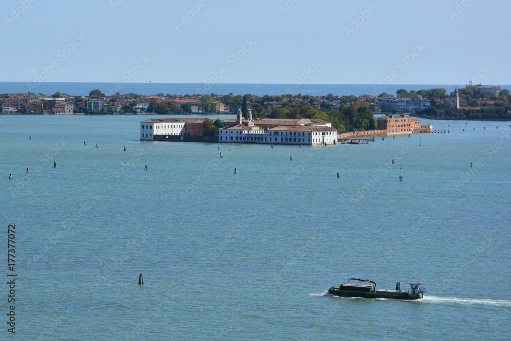 The view from the bellltower of San Giorgio Maggiore in Venice showing the island of San Servolo The view from the bellltower of San Giorgio Maggiore in Venice showing the island of San Servolo