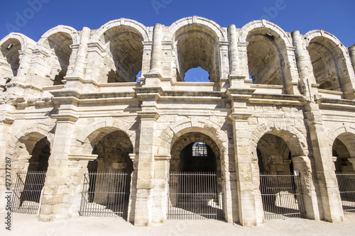 The Arles Amphitheatre (Arenes d'Arles in French), a two-tiered Roman amphitheatre in the southern France town of Arles. A World Heritage Site since 1981