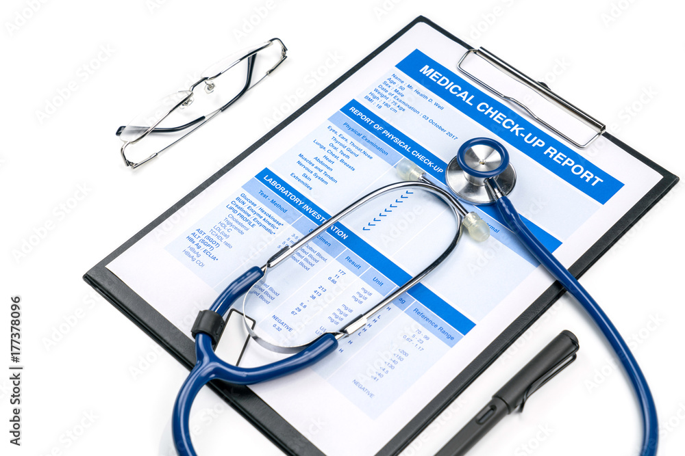 Medical check up report for personal health care concept isolated on white background Medical check up report for personal health care concept isolated on white background