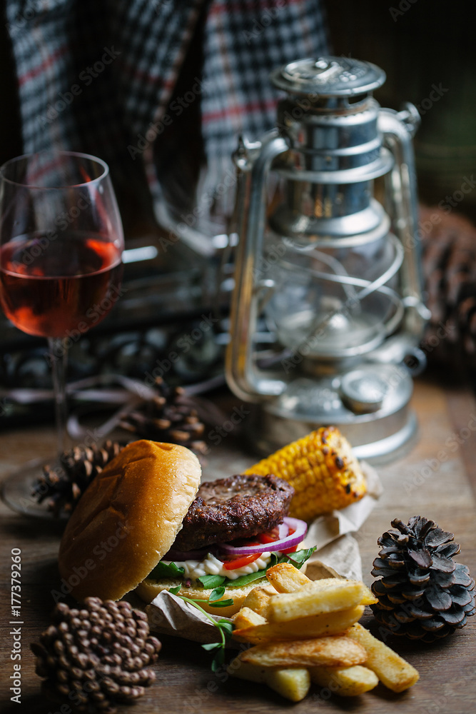 Burger and fries. Burger and fries.