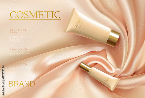 Realistic 3d cosmetic tube ad satin fabric. Drapery silk pink beige color propotional poster template. Golden package set vector illustration