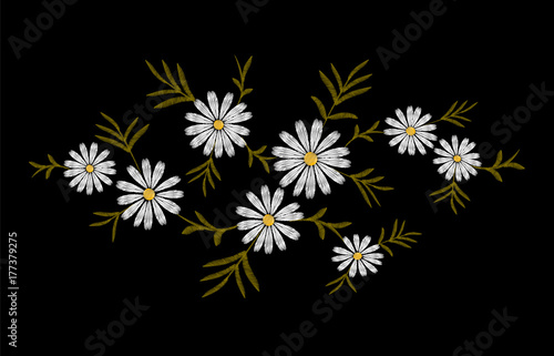 Daisy embroidery print texture flower arrangement leaves. Fashion ornament decoration vintage floral black background vector illustration