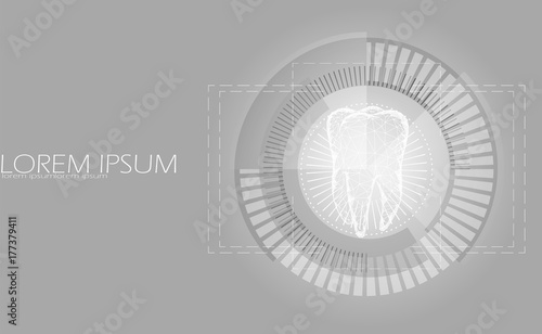 Low poly tooth four root in hud aim display. Thearment medicine target business concept polygonal gray white color abstract background. Connected dot geometric particle medicine vector illustration