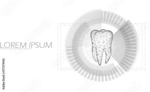 Low poly tooth four root in hud aim display. Thearment medicine target business concept polygonal gray white color abstract background. Connected dot geometric particle medicine vector illustration