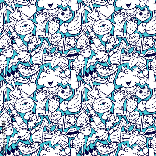 Graffiti seamless pattern with girlish style doodles. Vector background with childish girl power crazy elements. Trendy linear style collage with bizarre street art icons.