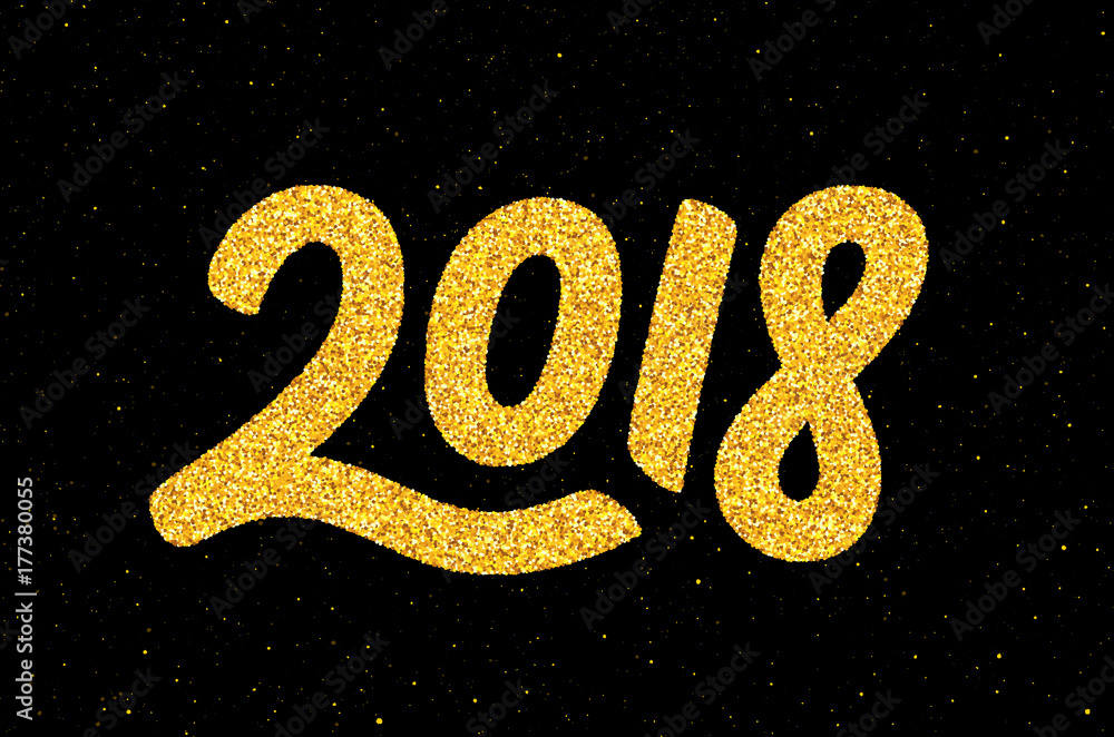 Happy New Year 2018 greeting card design template with gold text on black background. Calligraphy for chinese year of the dog. Vector illustration Happy New Year 2018 greeting card design template with gold text on black background. Calligraphy for chinese year of the dog. Vector illustration