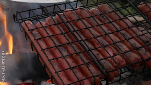 Sausages are fried at the stake