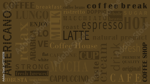 Sorts of coffee vector background with different typography.